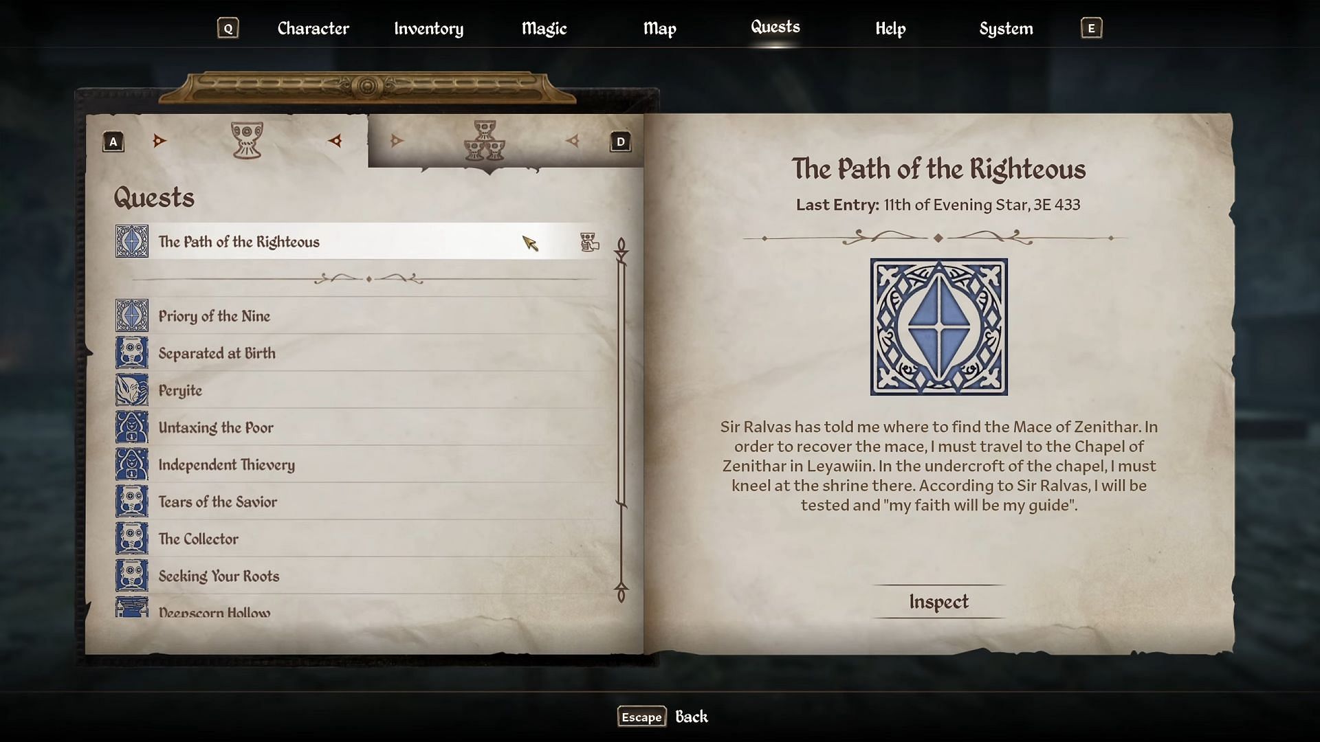 Speak to Sir Ralvas at the Priory of the Nine (Image via Bethesda Softworks || YouTube/@Gamerack)